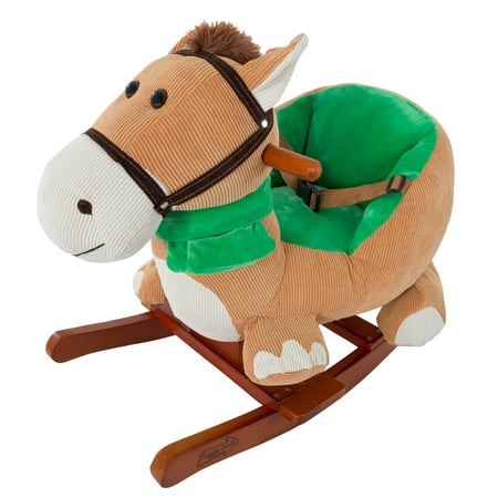Rocking Horse Plush Animal on Wooden Rockers with Seat & Seat Belt and Sounds, Ride on Toy for Babies 1-3 Years, by Happy