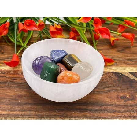Selenite Bowl With 7 Chakra Tumbled Stones, Selenite Charging Bowl, Chakra Activator, Crystal Cleansing Bowl, Powerful Healer, Reiki, 10 cm