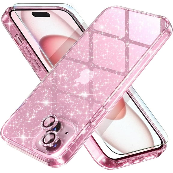 Compatible for iPhone 15 Case, Women Cute Clear Glitter Bling Sparkly Case, 6.1-inch (Glitter Pink)