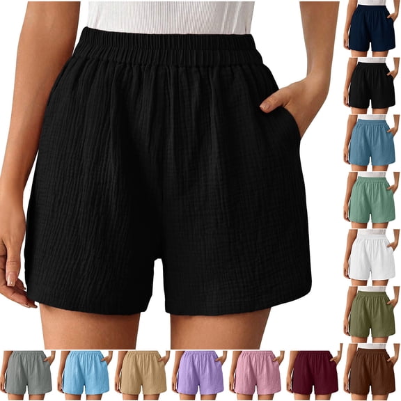 Sevevn Women’s Casual Summer Shorts Elastic High Waist Textured Lounge Shorts Loose Fit Beach Vacation Shorts with Pockets Lightweight Comfy Pull On Shorts Black XL