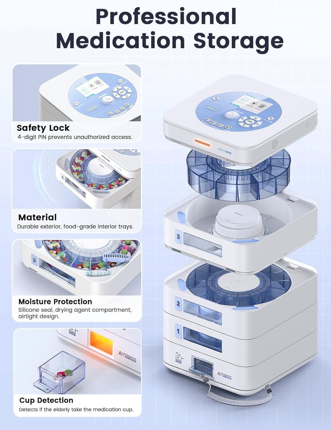 FOUR E's Scientific 28-Day Automatic Pill Dispenser, App & on-Device Setup, LCD Display, Digital Lock, Sound & Light Alerts, Pill Organizer for Dementia Seniors, 2-Tray