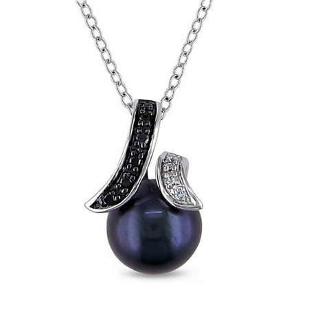 8-8.5mm Black Cultured Freshwater Pearl and Diamond-Accent Sterling Silver Pendant