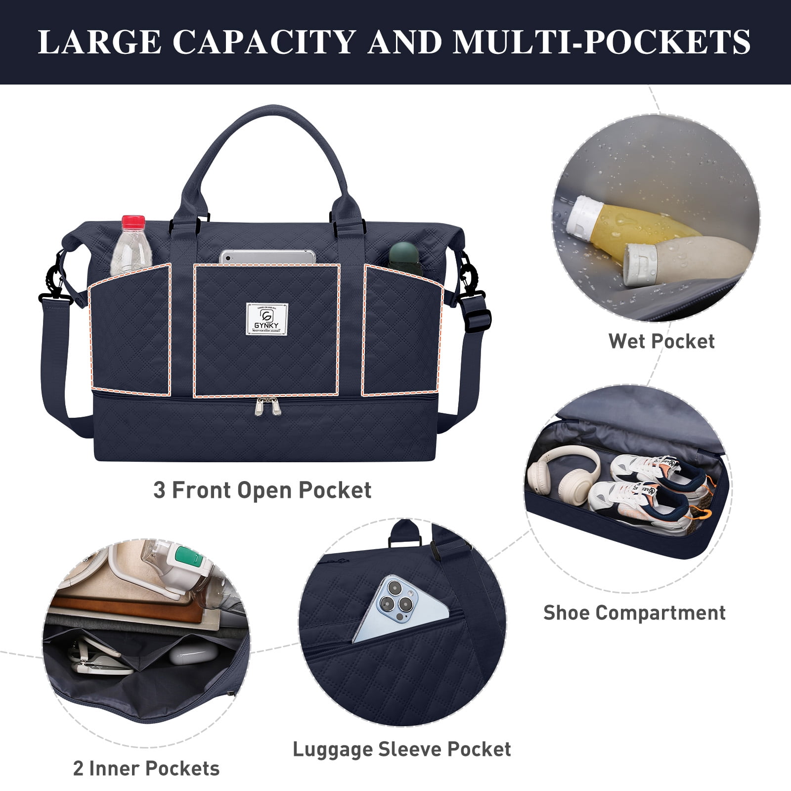 Gynky Travel Duffle Bag Weekender Bags for Women with Shoe Compartment Carry on Overnight Bag Gym Duffel Bag with Wet Pocket Hospital Bags for Labor and Delivery