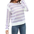 thumbnail image 4 of Xuanfei Women Striped Color Block Eyelet Cutout Ripped Crew Neck Long Sleeve Knit Sweater, 4 of 7