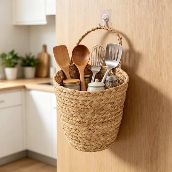 Woven Wicker Hanging Basket, Wall Mounted Storage Basket for Flowers Plants, Kitchen Organizers Decorative Holder (1PC, L)