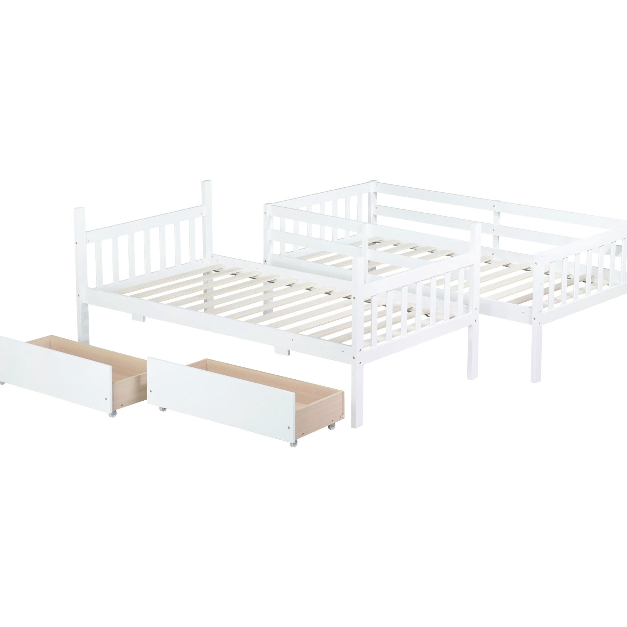 Noble House Twin Over Twin Rubber Wood Bunk Bed, Convertible Design with Ladder, Guardrails and Storage Drawers, White