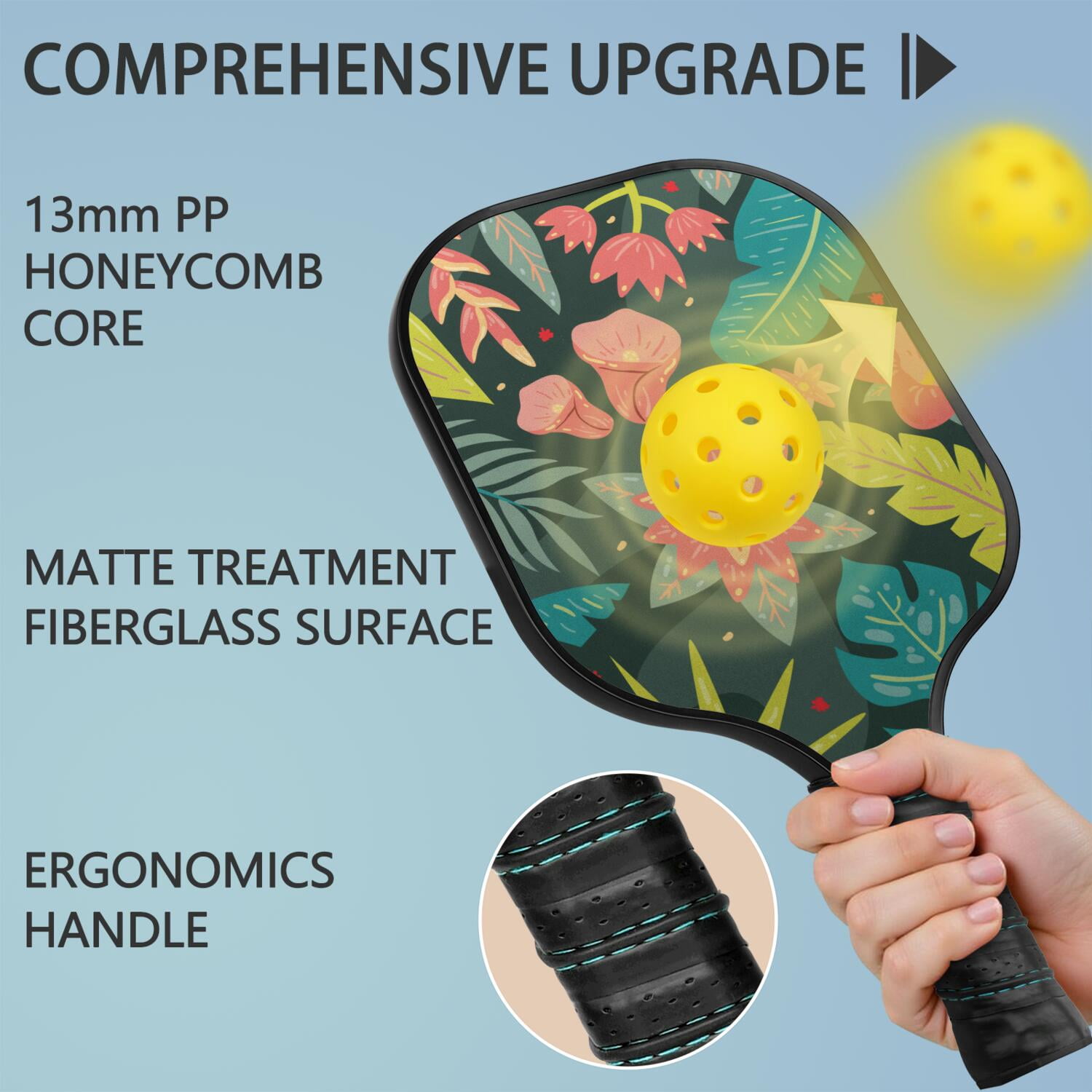 Pickleball Paddles Set Of 2, Fiberglass Surface, Tropical Jungle Print, 4 Balls & Bag
