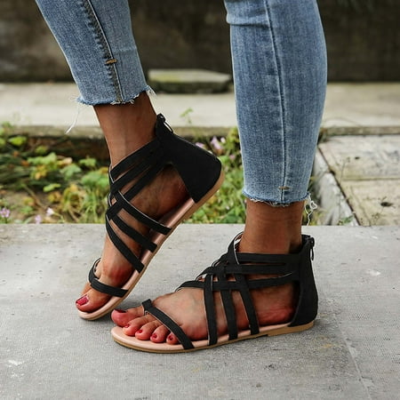 

Summer Cross-tied Zipper Flat Sandals Woven Thong Women Ladies Sandals