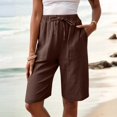thumbnail image 6 of HKYNLAG Bermuda Shorts for Women Summer Half Shorts Pants Drawstring Elastic Waist Solid Color Cotton Linen Wide Leg Pants with Pockets Coffee S, 6 of 8