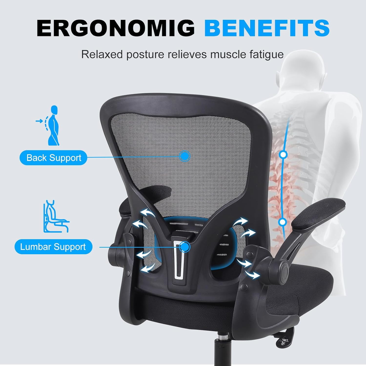 Flysky Mesh Office Chair 300lb, Ergonomic Home Office Desk Chair with Lumbar Support and Flip-up Arms, Black