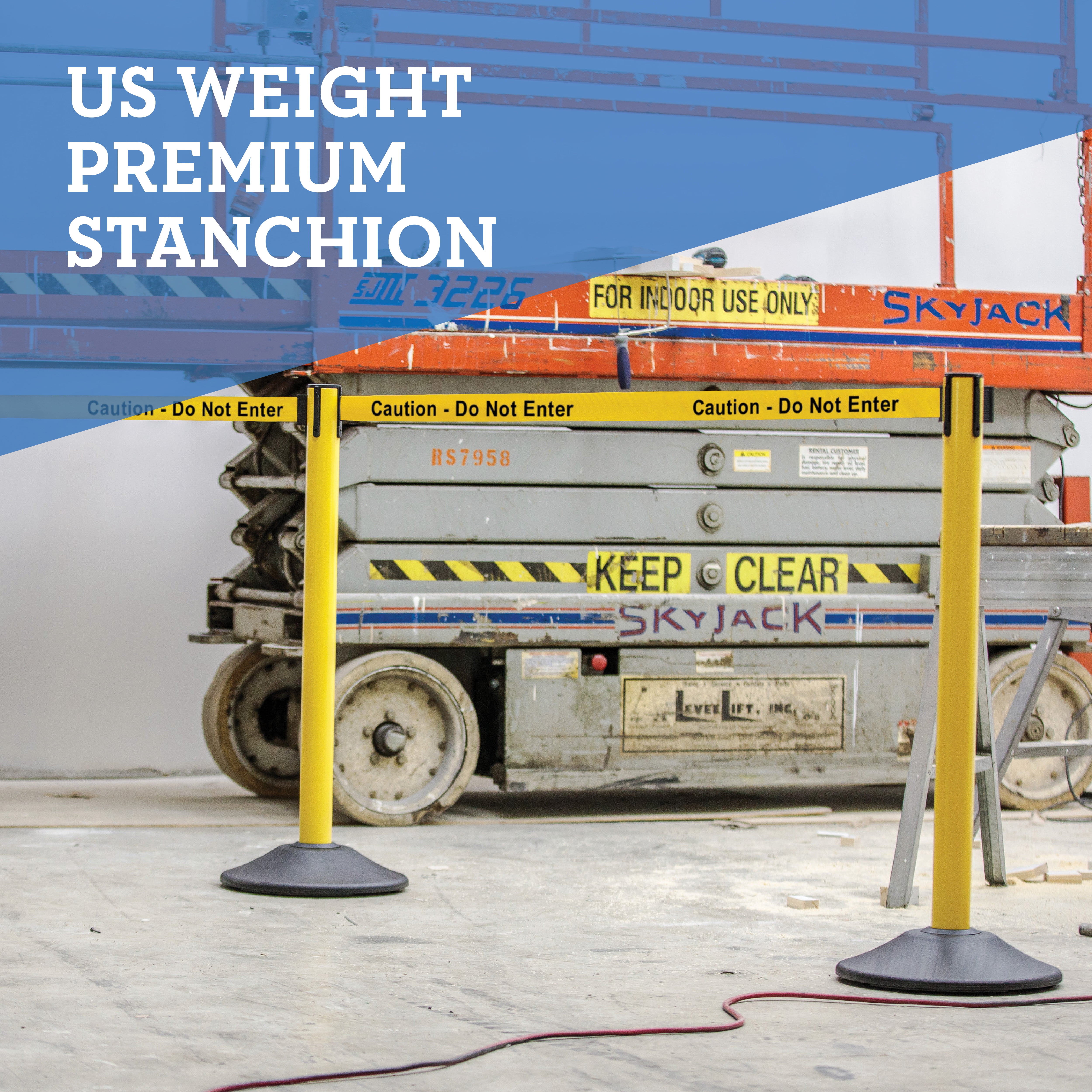 US Weight Heavy Duty Yellow Premium Steel Stanchion with 7.5-Foot Retractable Caution Belt - 2 Pack
