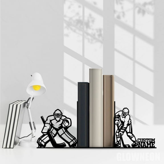 Glowneon Personalized Ice Hockey Metal Book Stand, Man Bookend Decor