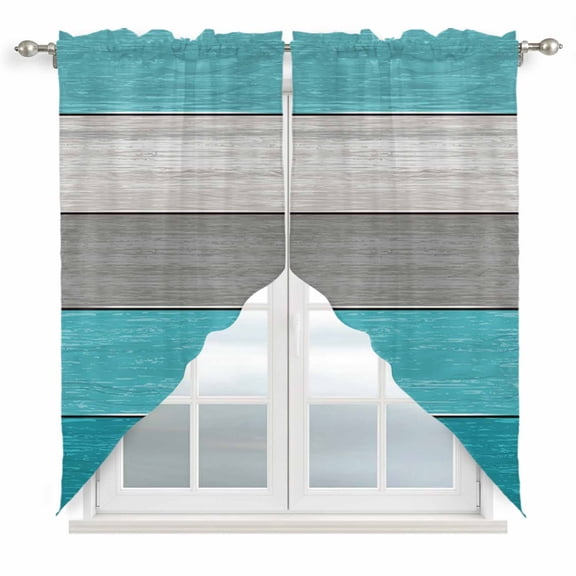 Turquoise Wood Grain Swag Valances for Windows, Kitchen Window Curtains Over Sink, Country Retro Wooden Plank Gray Window Treatment Curtains for Living Room/Bedroom Curtains 2 Panel Sets 36"x45"