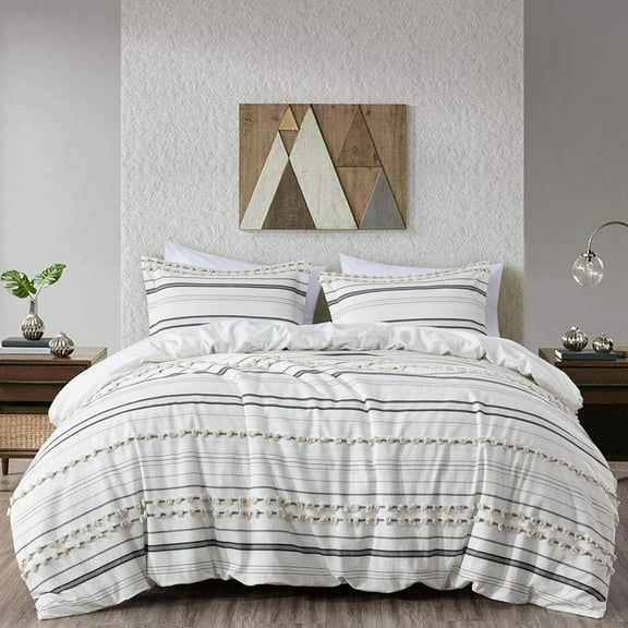 Chezmoi Collection 3-Piece Cotton Clip Jacquard Duvet Cover Set King, Boho Chic Tufted Pompom Striped Comforter Cover with Button Closure, Gray/White