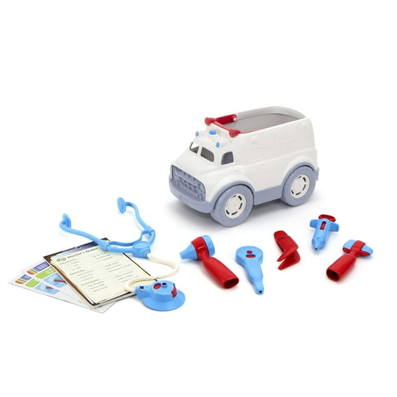 Green Toys Ambulance & Kit de Docteur Rouge/bleu FFP 10 Pcs Jeu de Rôle, Compétences Motrices, Langage & Communication Véhicule de Jeu pour Enfants