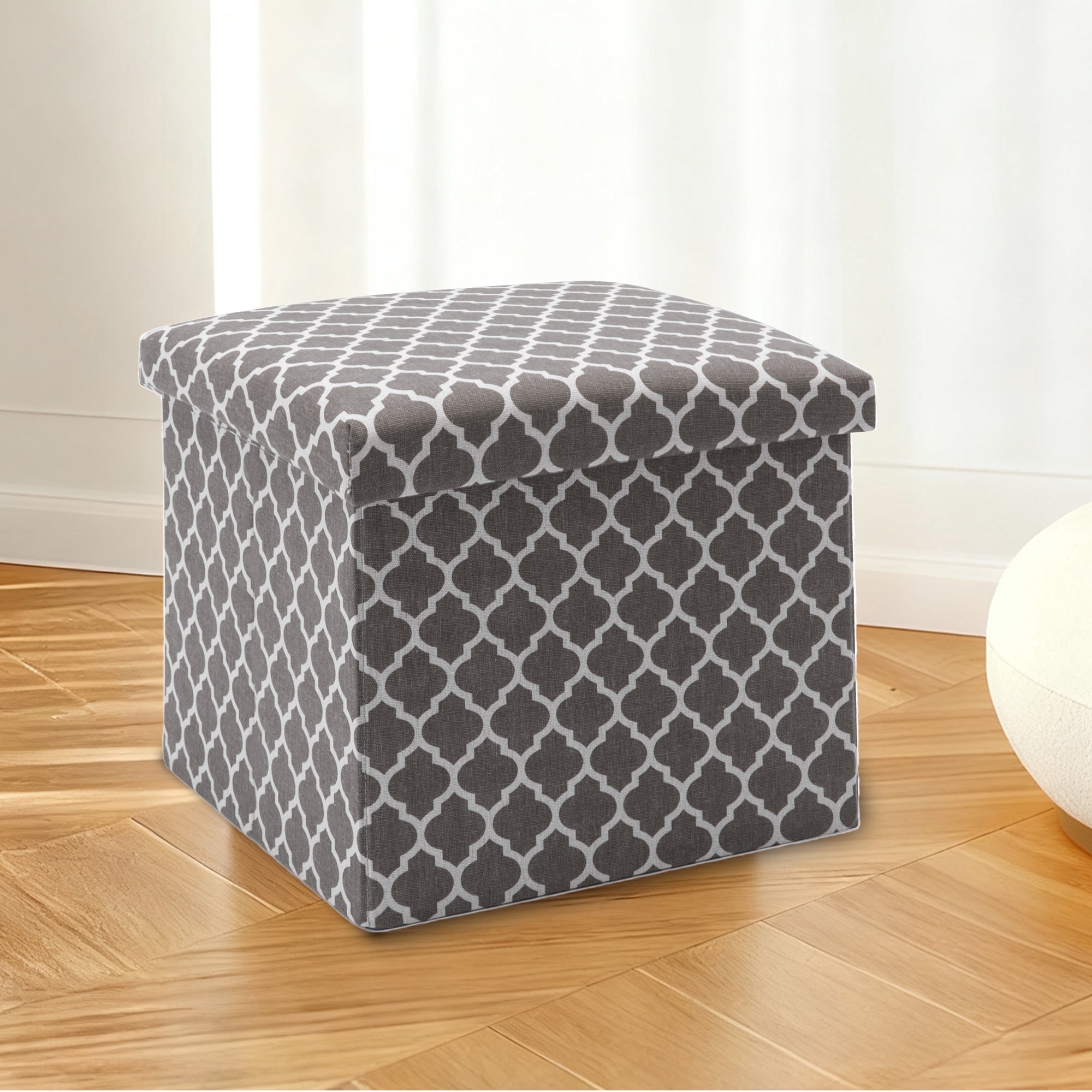 YEEZEE Storage Ottoman,Foldable Footstool with Thick Cushion for Living Room,14.9L*14.9W*13.8H,Grey