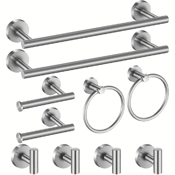Brushed Nickel 10pcs Bathroom Hardware Set Towel Rack Bar Towel Rings Hooks Toilet Paper Holder