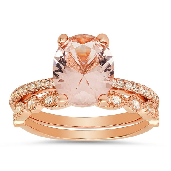 14k Rose Gold Over Silver Oval-cut Morganite CZ 2pc Stackable Ring Set