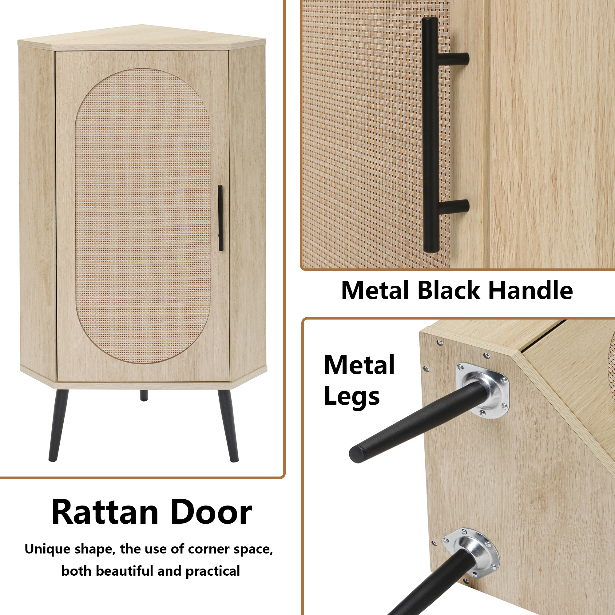 HIUU Small Corner Cabinet with Rattan Doors,Slim Bathroom Storage Cabinet,Freestanding Corner Table with Storage(Natural)
