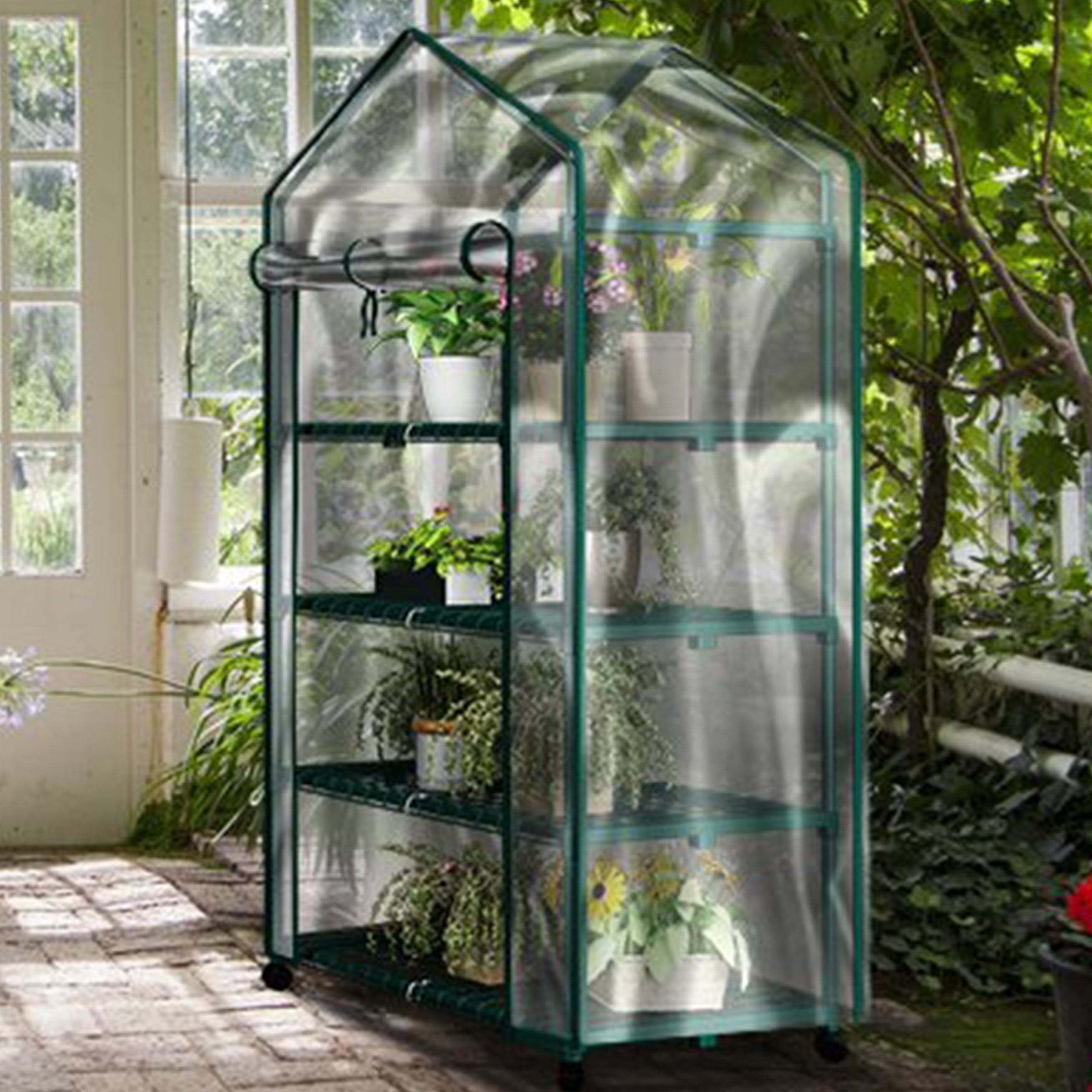 Home-Complete 4 Tier Mini Greenhouse with Locking Wheels and PVC Cover