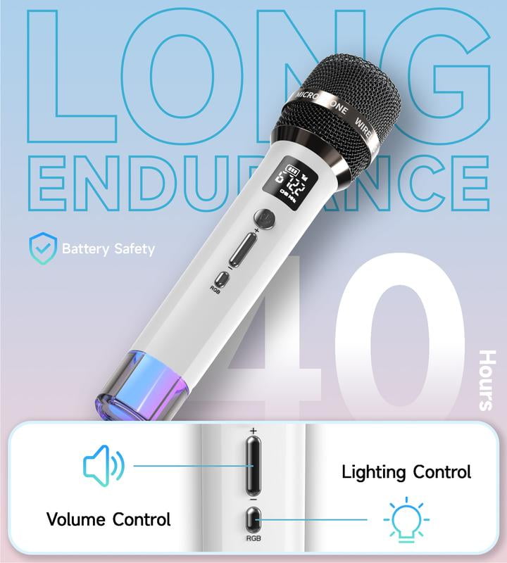 Wireless Microphones, Micorphone with One-to-One Chip Connection and LED Lights, 40H Duration, 200FT Range Receiving, Volume Control Karaoke Micorphone for Singing, Speech, Home Party, YouTube/Tiktok
