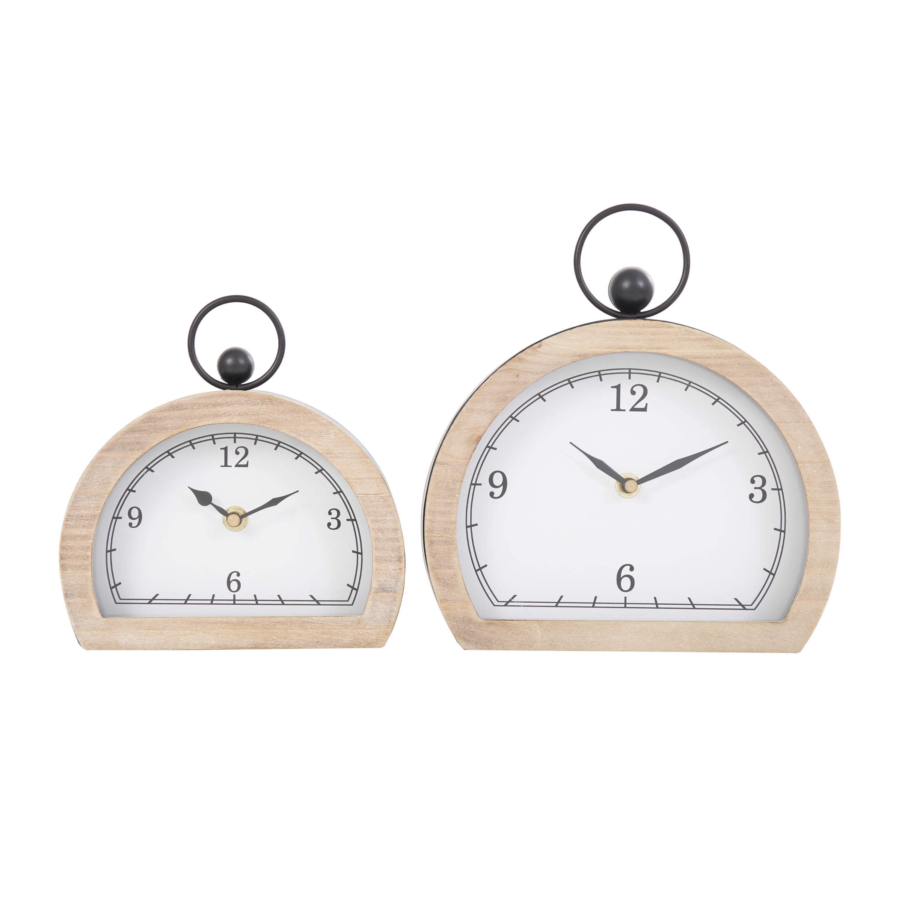 DecMode 10" White Wooden Semicircle Clock with Brown Wooden Frame and Ring Handle, Set of 2