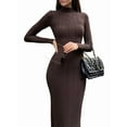 thumbnail image 2 of Robe Maxi à Manches Longues Automne et Hiver pour Femmes, Tricot Côtelé, Robe Décontractée Slim, Café S, 2 of 9