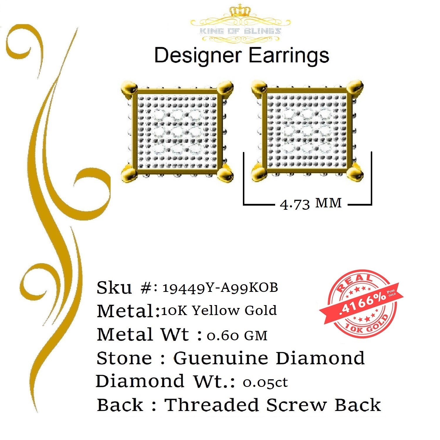King of Bling's 10K Real Yellow Gold with 0.05CT Real Diamonds Men's/Women's stud Square Earring