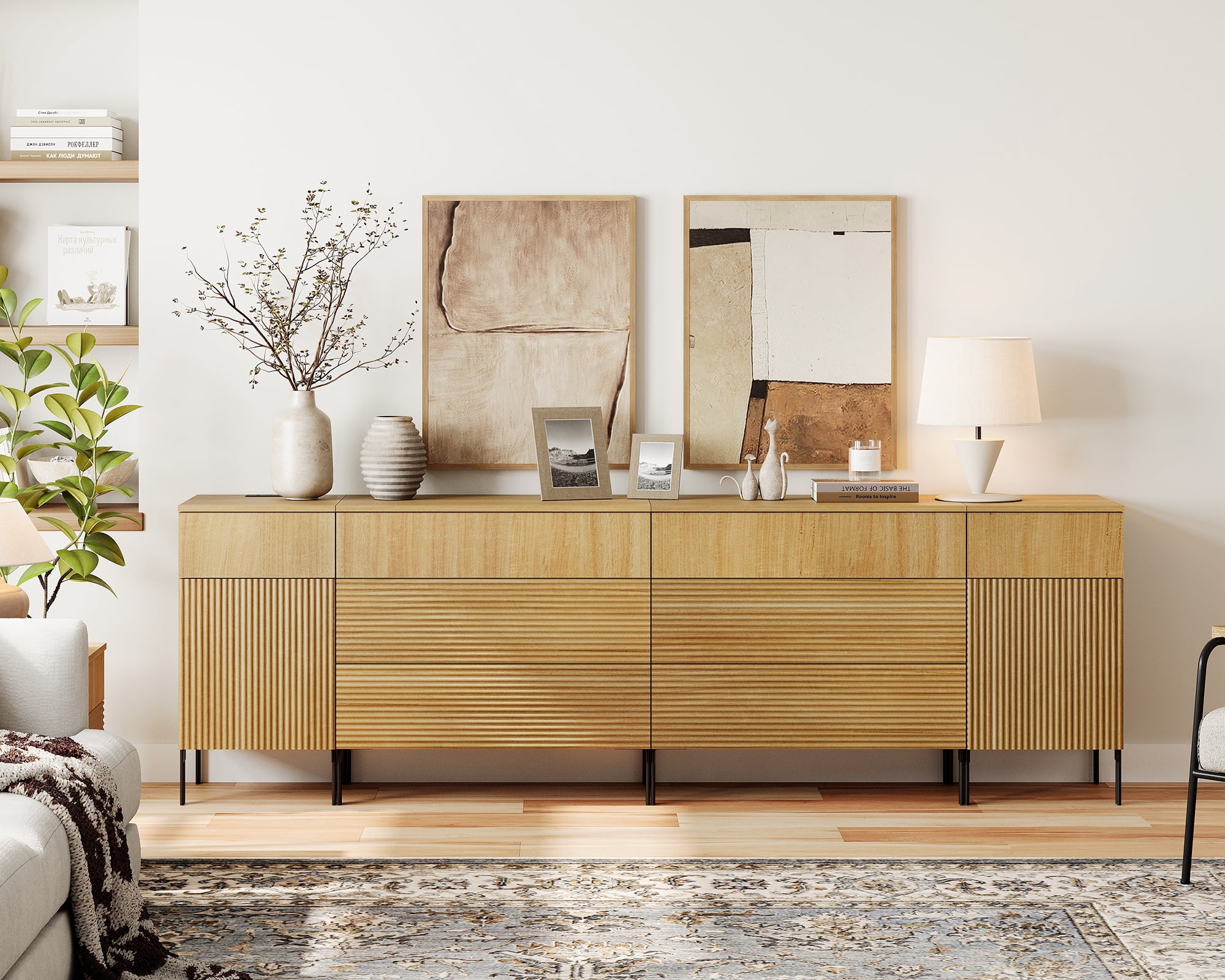 94.5" Reeded Accent Cabinet Set with Doors and Drawers, Modern Credenza Storage Cabinet with Charging Station for Living Room, Kitchen, Dining Room, Hallway