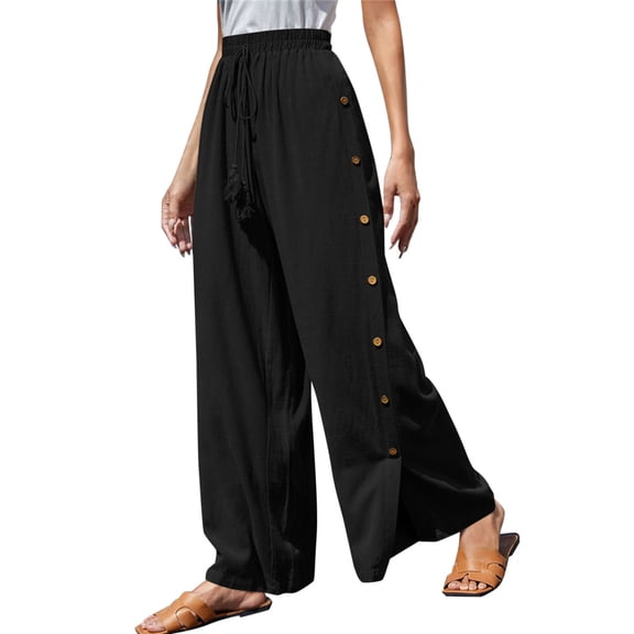 Women's Pants Fashion Casual Pants For Women Casual Wide Leg Linen For Elastic High Waist Tie Side Split