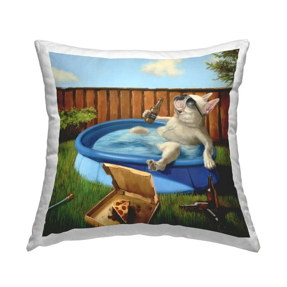 Stupell Industries French Bulldog Relaxing Summer Pool Beverage Design by Lucia Heffernan Throw Pillow