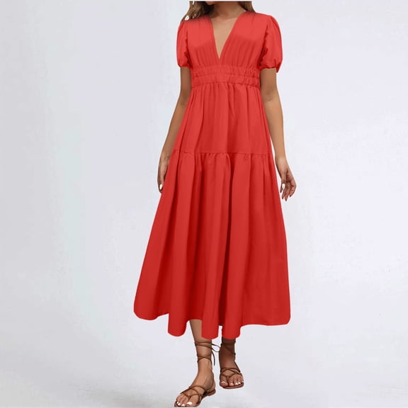 Women's Summer Dress, Casual V Neck Short Sleeve Ankle Length Dress with Slit, Solid Color Stretch Fabric for Daily Wear