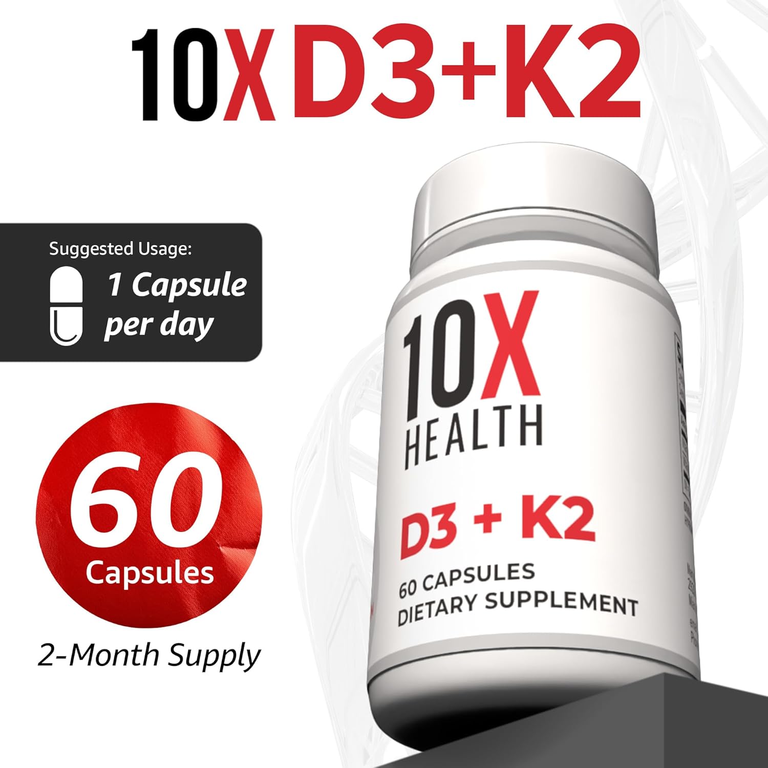 10X Health Vitamin D3 K2 - Vitamin D3 5000 IU, Vitamin K2 90 mcg, 60 Capsules