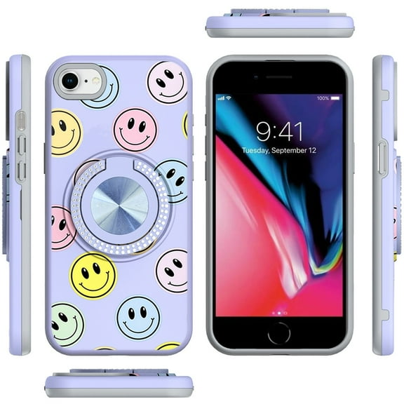 XPM for Apple iPhone SE 3 (2022) SE/8/7 Phone Case, Pattern Design Hybrid with Invisible Ring Stand & Magnetic Back, Shockproof Protective Grip Cover for iPhone SE 3 (2022) SE/8/7 (Emoji Smile Face)