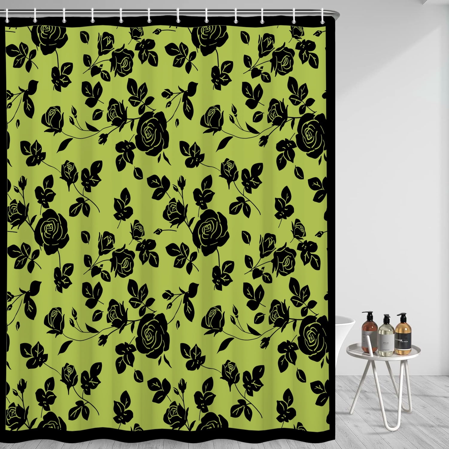 MIZHONA Black and Green Floral Shower Curtain Vintage Rose Print Waterproof Fabric Bathroom Curtain 60x72 in