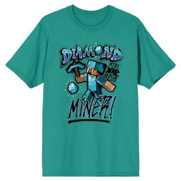 Minecraft Diamond Miner Wielding Pickaxe Men's Bright Aqua Graphic Tee-Medium