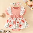 thumbnail image 2 of Baby Rompers Girl Girls Summer Short Sleeve Floral Prints Romper Ribbed Bodysuits Dress Headbands Set Toddler Romper Watermelon Red 0 Months-3 Months, 2 of 6