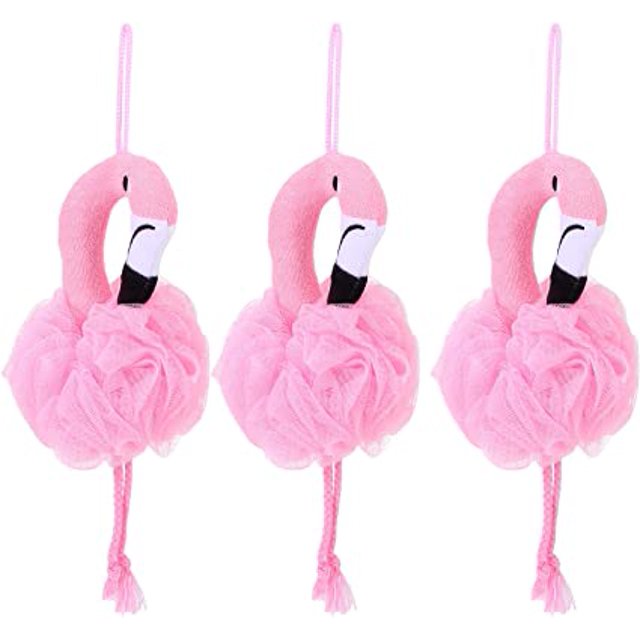Paquete de 3 esponjas de baño de lufa para ducha, puf de malla, bola de lavado corporal, depurador corporal, flamenco