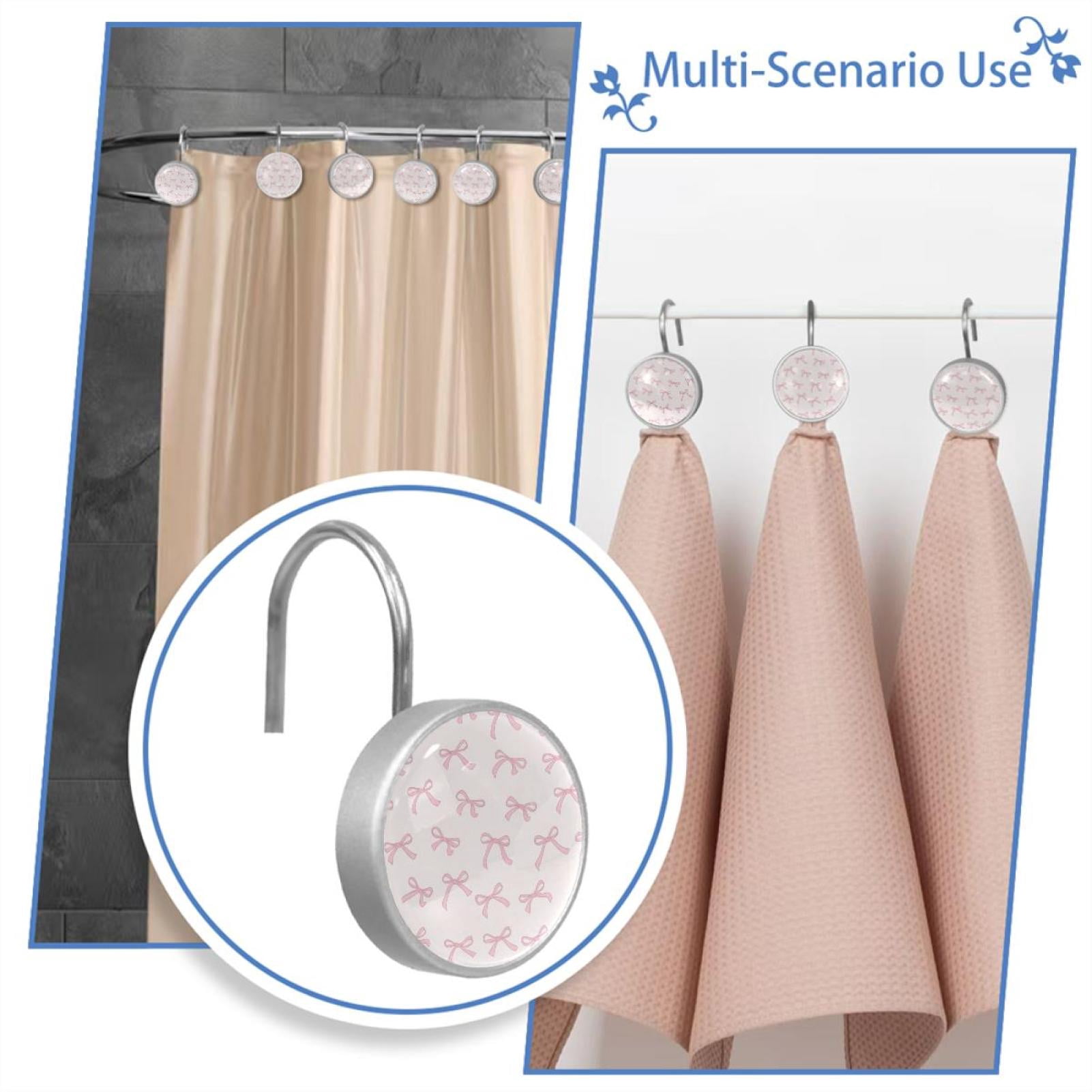 HemaKayy 12 Pcs Shower Curtain Hooks Bathroom Decorative Accessories Pink Shiny Bow
