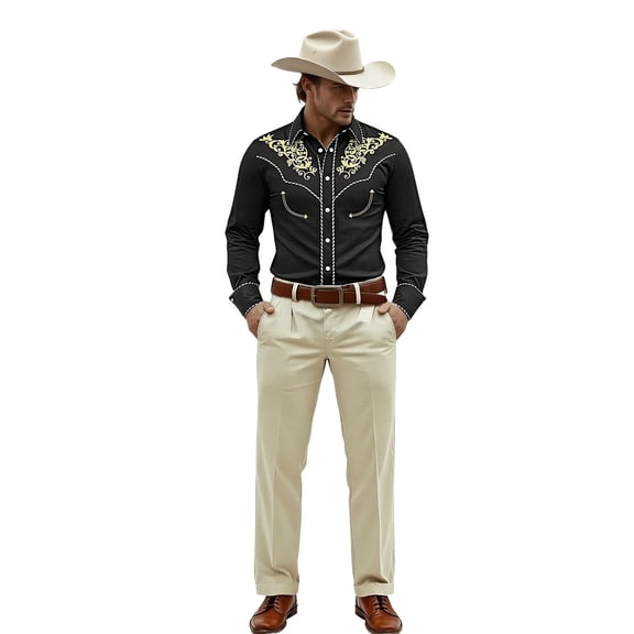 Telankuip Western Cowboy Print Shirts for Men Long Sleeve Lapel Retro Embroidered Country Top Soft Comfortable Slim Fit Button down Shirt Casual Work 8-Black XL