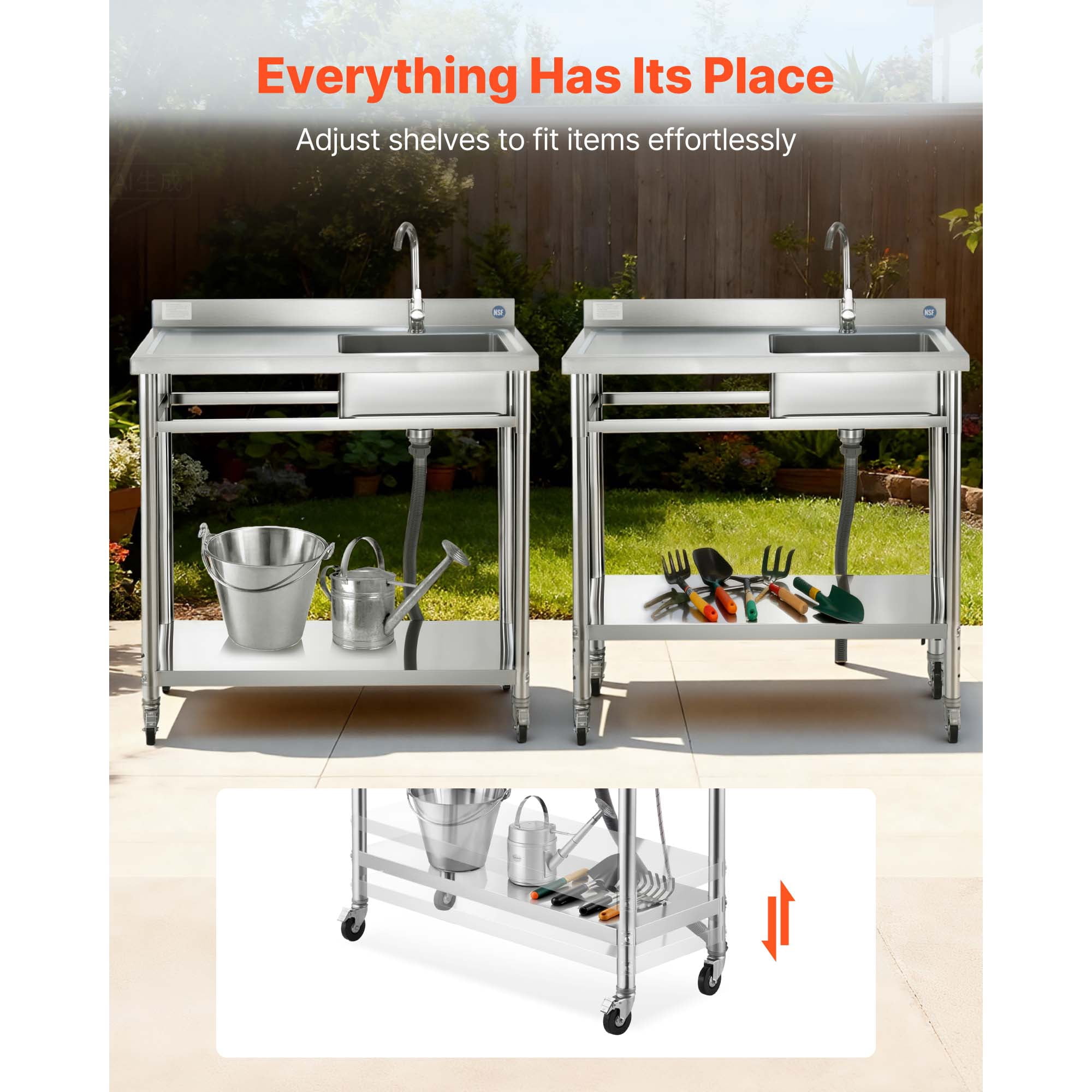KFFKFF Utility Sink with Wheels Single Bowl Commercial Kitchen Sink Faucet Hot Cold Water SUS201 Stainless Steel Brushed Finish Adjustable Shelf