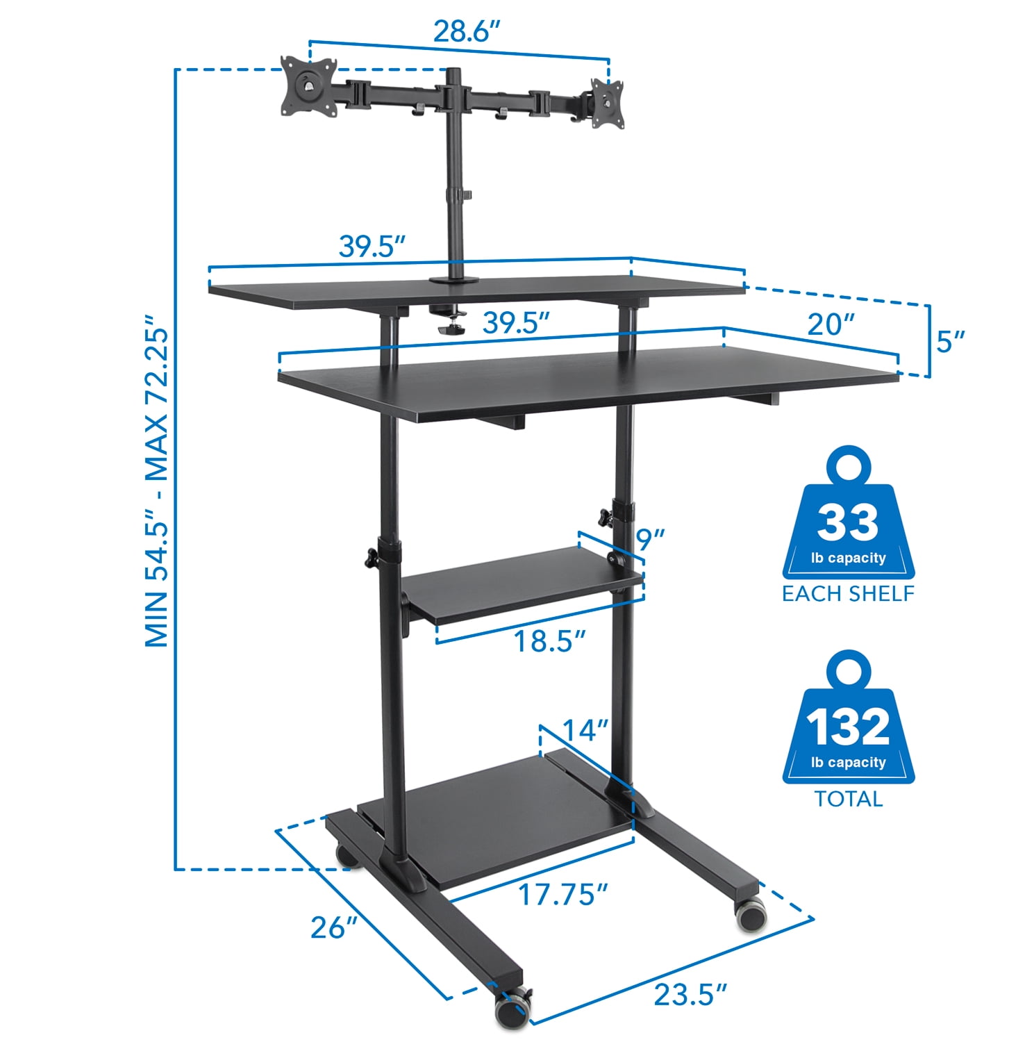 Mount-It! Mobile Standing Desk with Dual Monitor Mount 40-Inch Wide, Height Adjustable, Black