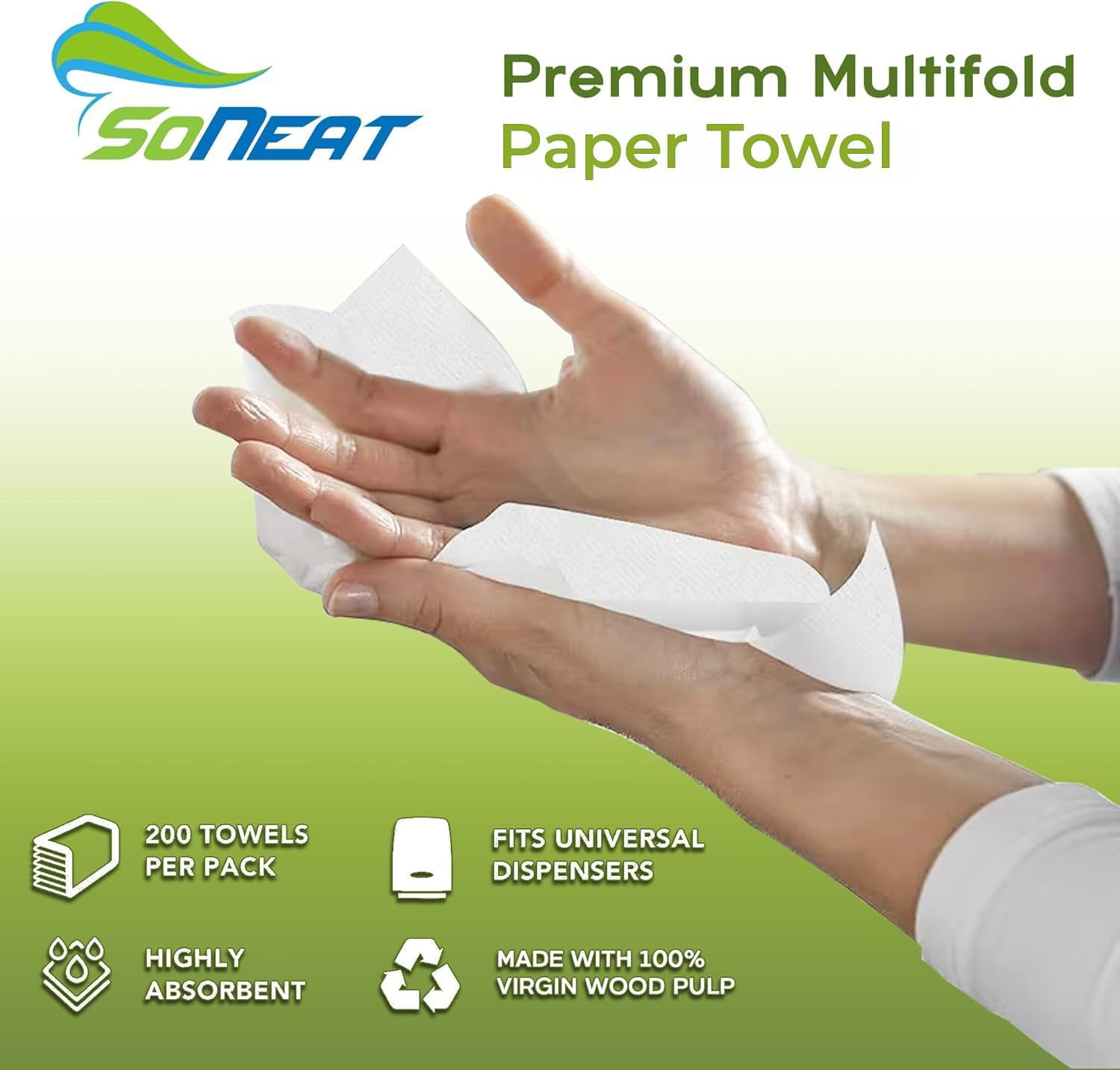 SoNeat Multifold Paper Towels, 2400 Sheets, 200 Count Per Pack Disposable Hand Towels for Bathroom, Commercial, Household, and Public Facilities, 100% Virgin Wood Pulp, 12 Packs
