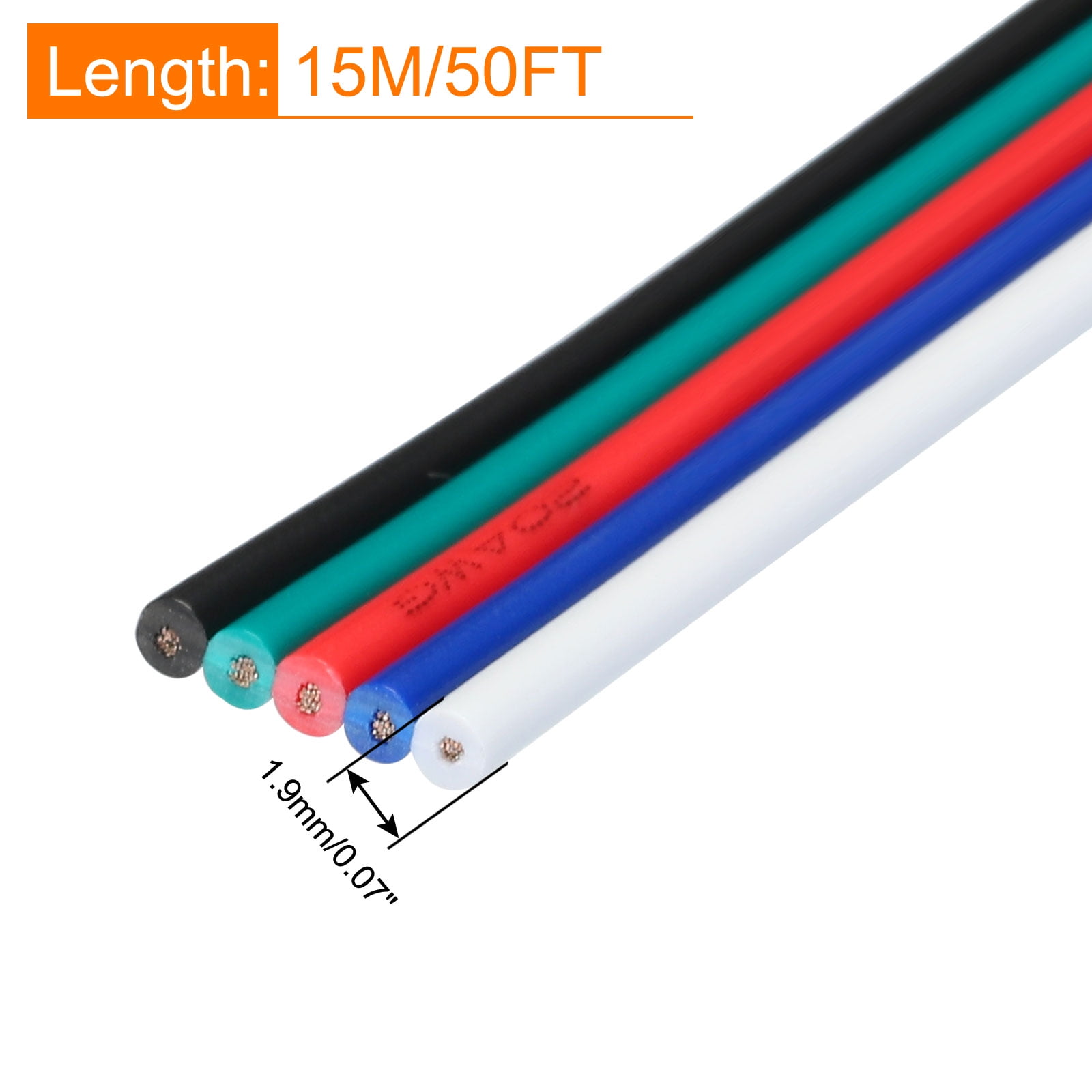 Uxcell 20 Gauge 5 Conductor Electrical Wire Tinned Copper Cable 49FT Stranded Wire for LED Strips Lamps Residential Wiring