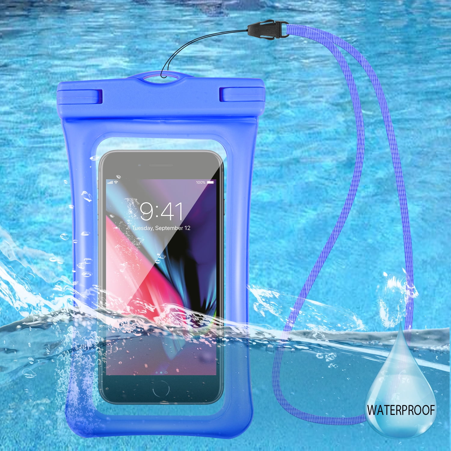 Waterproof Phone Pouch with Neck Lanyard Blue