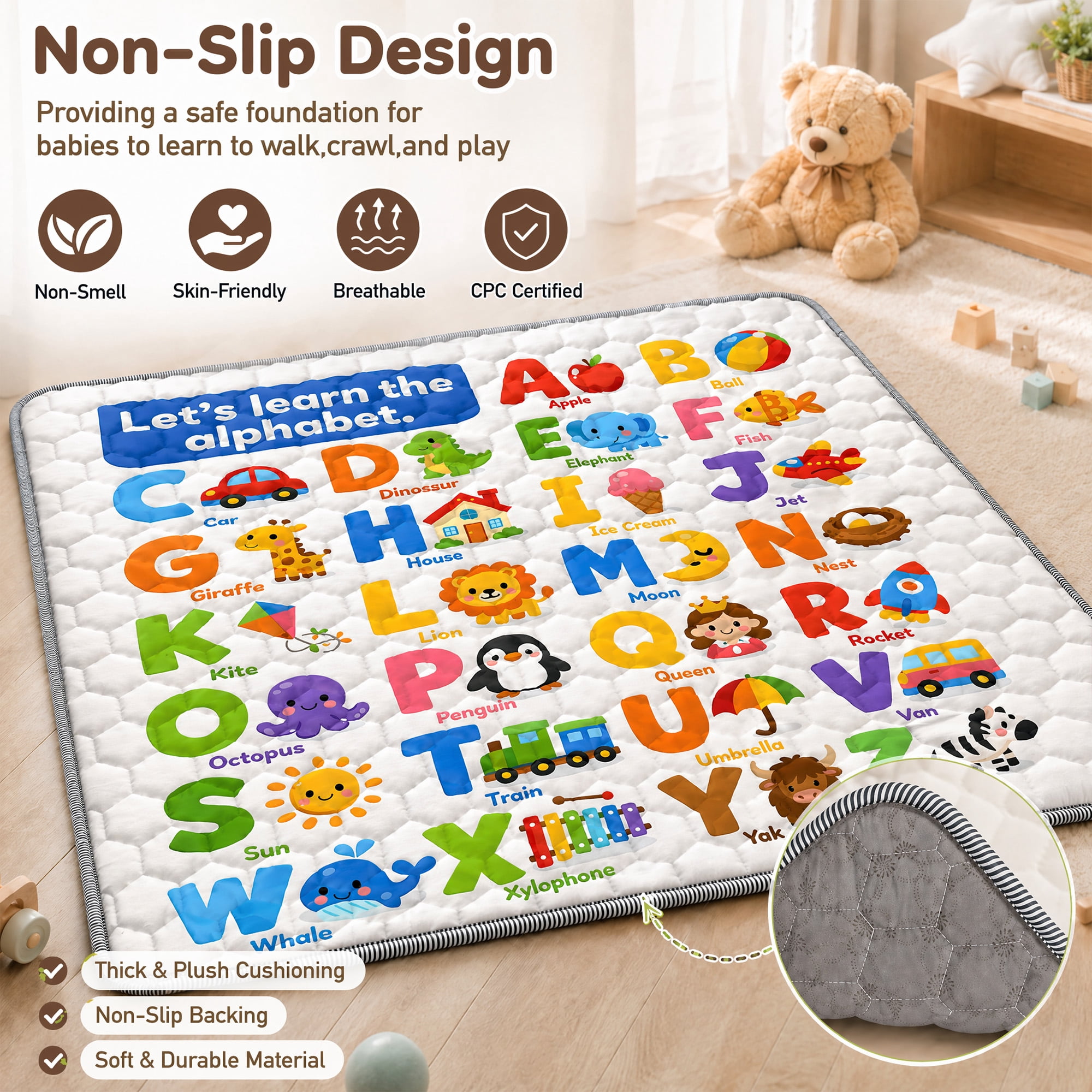 BEAUTYPEAK Baby Play Mat, 50"x50" Mat Perfect for Use Baby Playpen,Non-Slip Foldable Mat for Toddlers and Babies