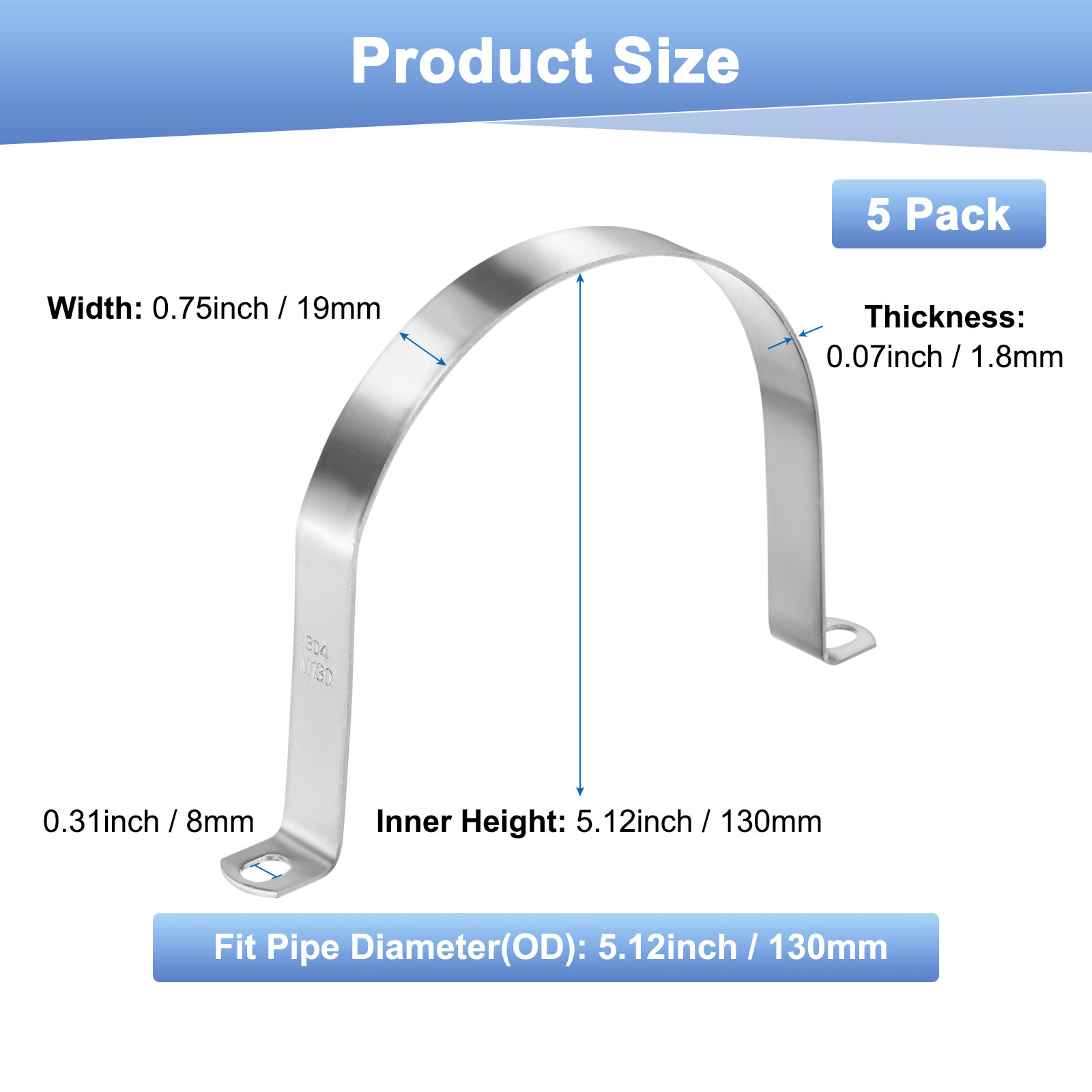 Uxcell 5-Pack Conduit Clamps, 5-1/8" 304 Stainless Steel Rigid Pipe Strap M130 U Bracket Pipe Clamps for Plumbing