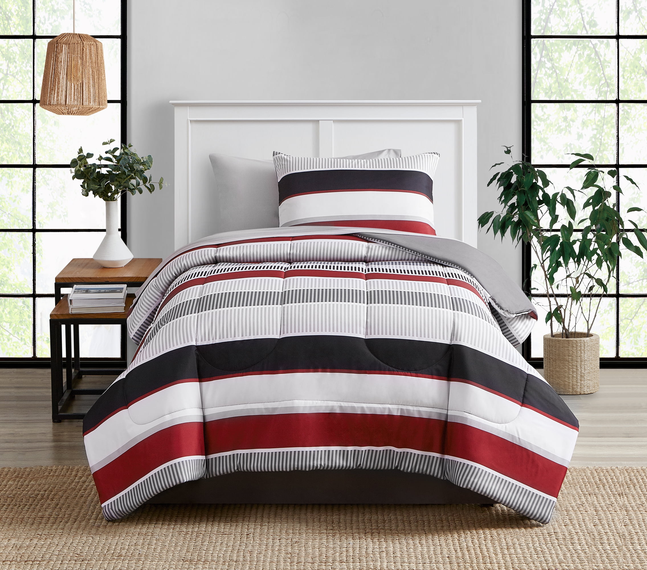 Mainstays Red Stripe 6 Piece Bed in a Bag Comforter Set With Sheets, Twin