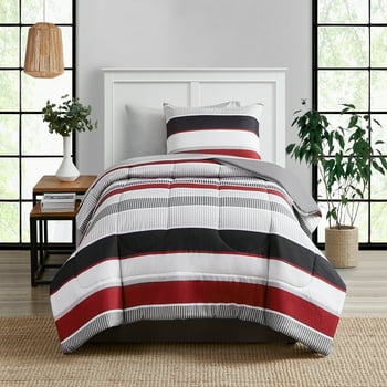 Mainstays Red and Gray Stripe 6 Piece Bed in a Bag Comforter Set With Sheets, Twin