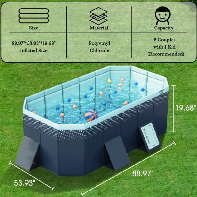 LHUAI Foldable Non-Inflatable Family Outdoor Swimming Pool, Rectangular Above Ground Pools For Backyard, Navy Blue, 89" x 54" x 20"